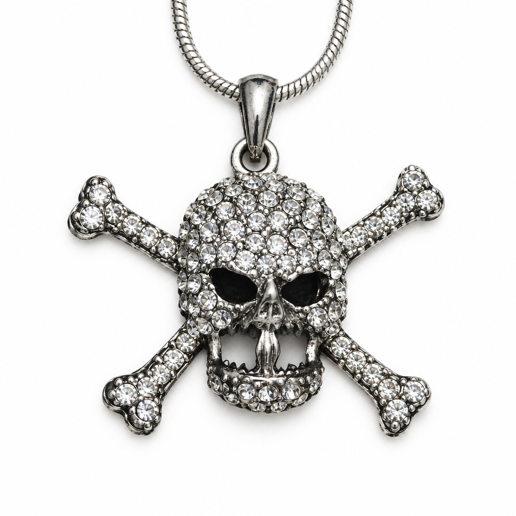 Skull and crossbones pendant necklace on white background