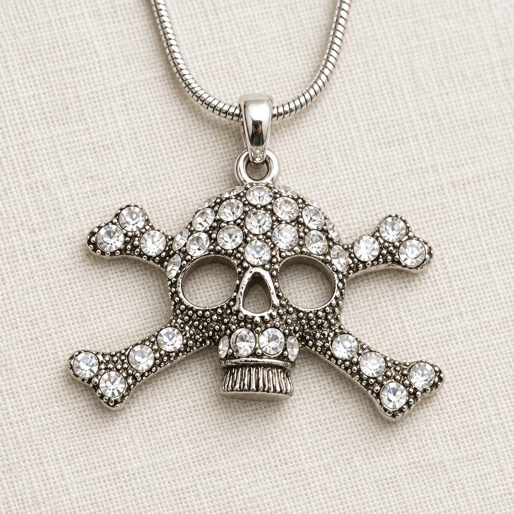 Skull pendant necklace on light fabric background