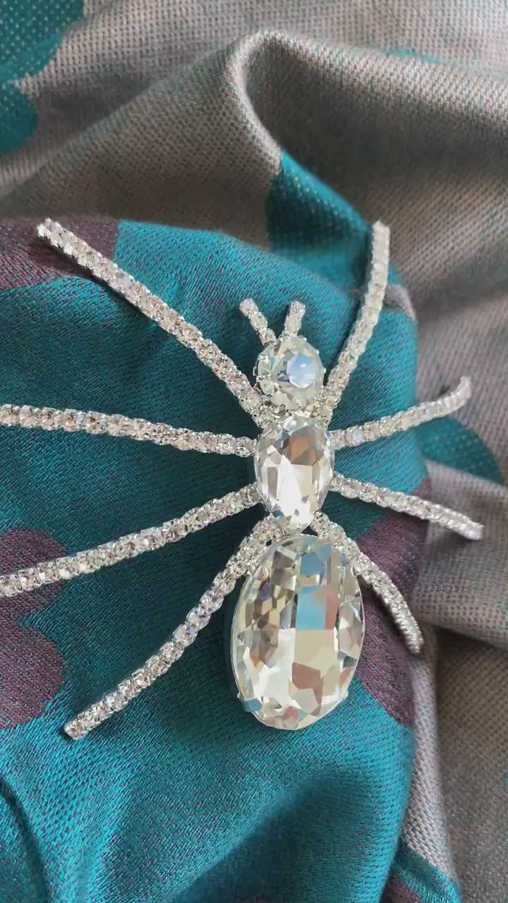 Silver Tone Clear Rhinestone 3D Halloween Spider Pin Brooch, Large Spider Pin