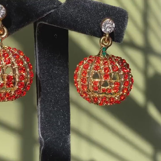 Halloween Pumpkin Drop Dangle Earrings with Orange Crystal Rhinestones, Halloween Earrings, Pumpkin Earrings