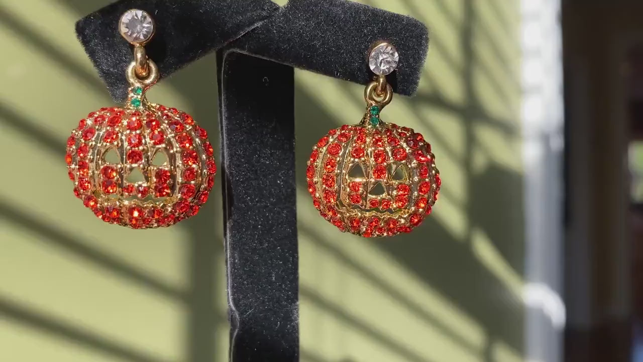Halloween Pumpkin Drop Dangle Earrings with Orange Crystal Rhinestones, Halloween Earrings, Pumpkin Earrings