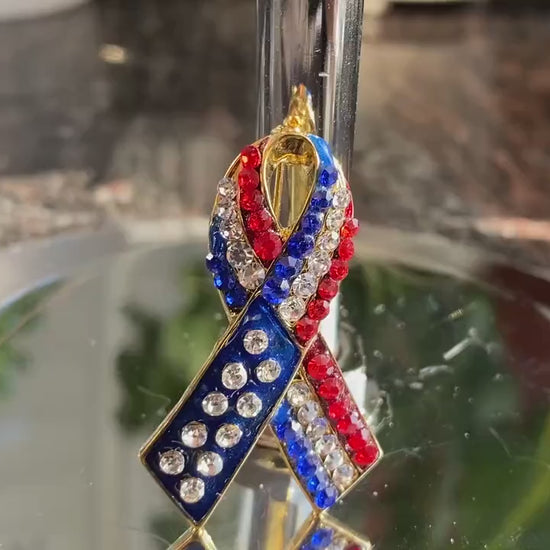 Patriotic Rhinestone American Flag Ribbon Brooch,  Red White Blue Ribbon Pin, 4th July Independence Day Jewelry