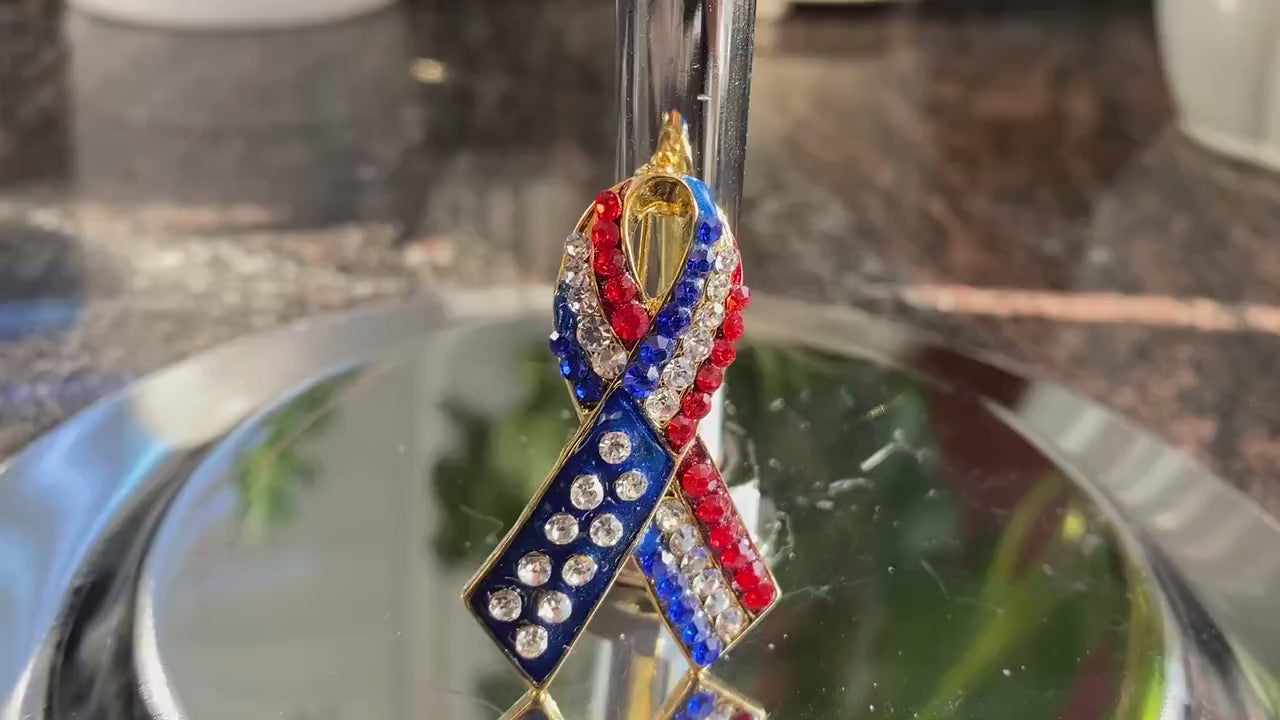 Patriotic Rhinestone American Flag Ribbon Brooch,  Red White Blue Ribbon Pin, 4th July Independence Day Jewelry