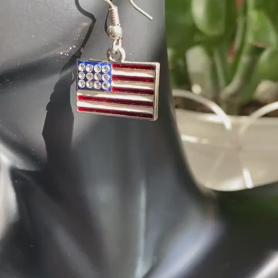 Gold-Plated Rhinestone USA Patriotic Flag Earrings, 4th of July Red White Blue Flag Dangle Earring