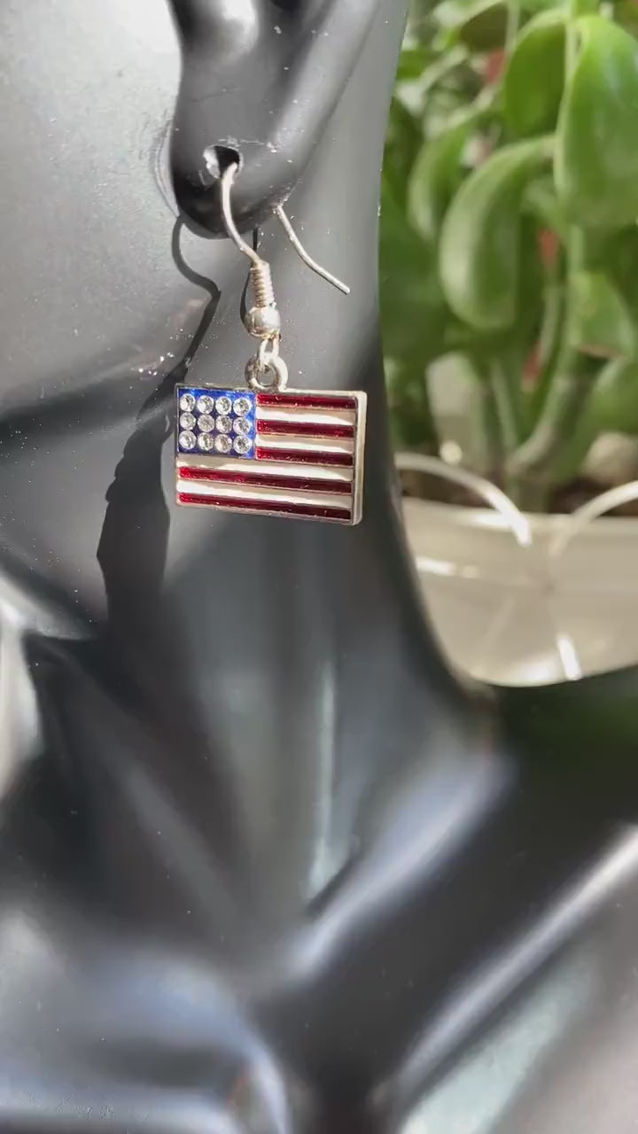 Gold-Plated Rhinestone USA Patriotic Flag Earrings, 4th of July Red White Blue Flag Dangle Earring