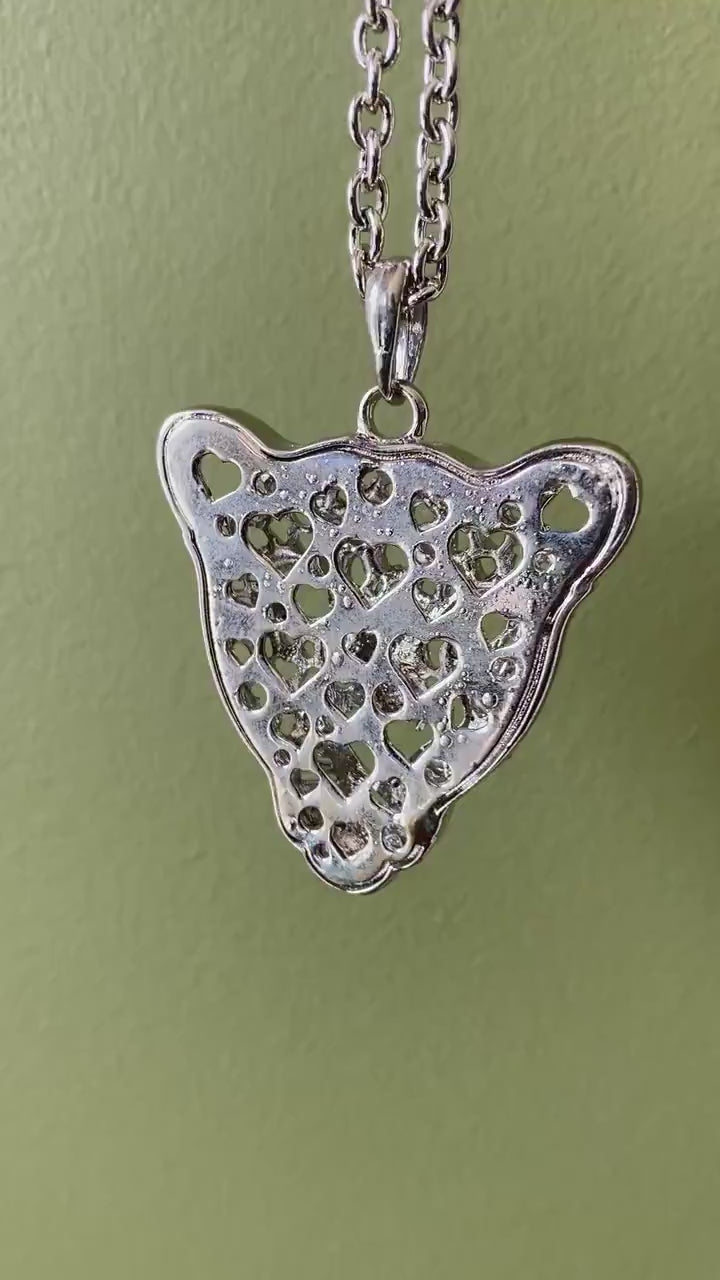 Vintage Silver-plated Leopard Tiger Head Crystal Pendant Chain Necklace