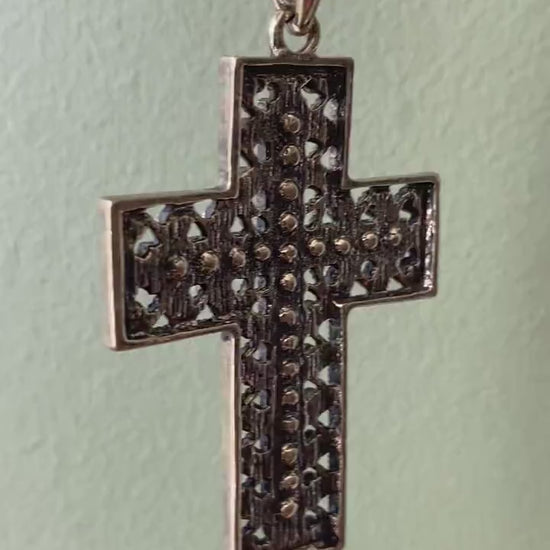 Vintage Men's Stainless Steel Cross Necklace Pendant with CZ Stones