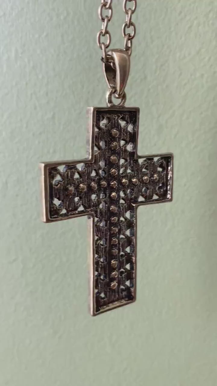 Vintage Men's Stainless Steel Cross Necklace Pendant with CZ Stones