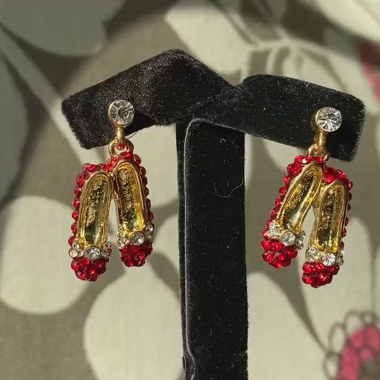 Ruby Rhinestone Slipper Brooch/Pin & Dangle Earrings Set, Red Ruby Rhinestone Gold Tone Slipper Jewelry Set