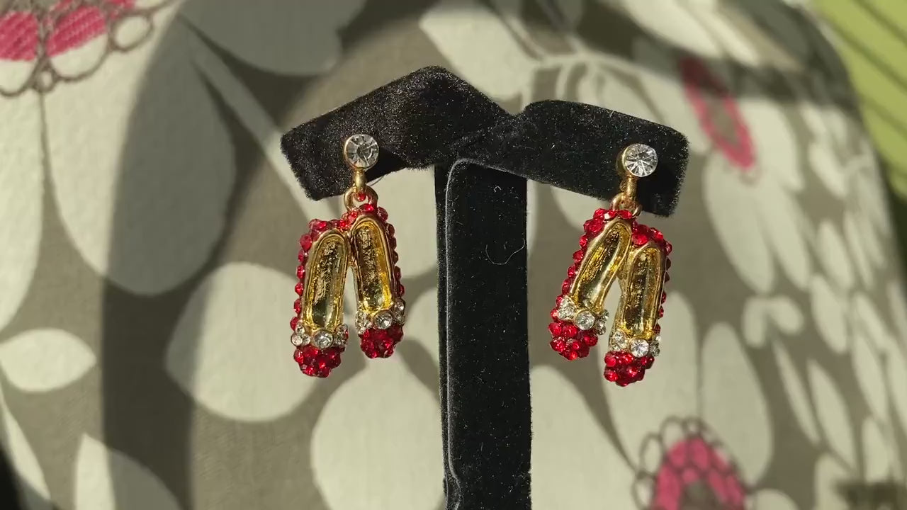 Ruby Rhinestone Slipper Brooch/Pin & Dangle Earrings Set, Red Ruby Rhinestone Gold Tone Slipper Jewelry Set