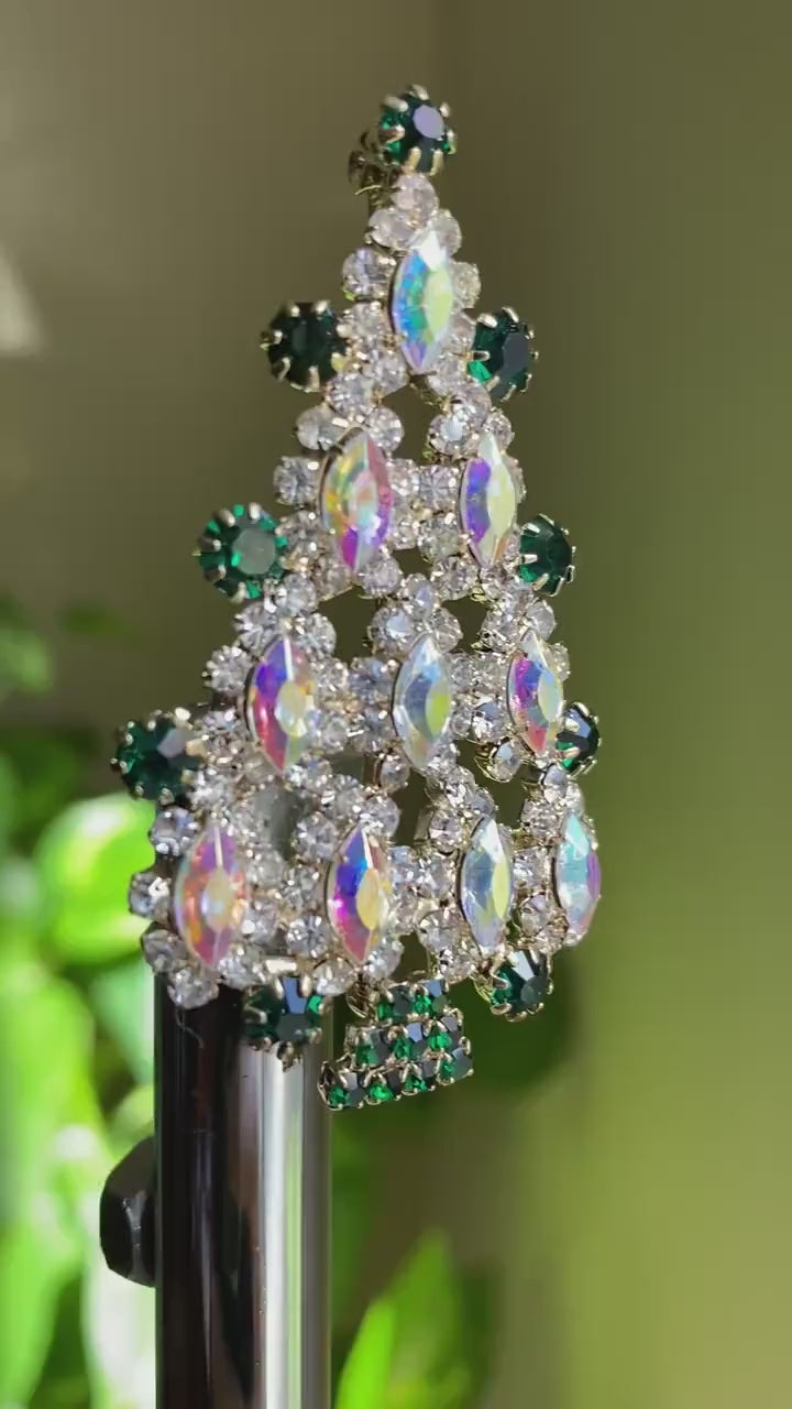 Multi Tiered Aurora Borealis Marquise Rhinestone Christmas Tree Brooch Pin, Xmas Holiday Jewelry Gift