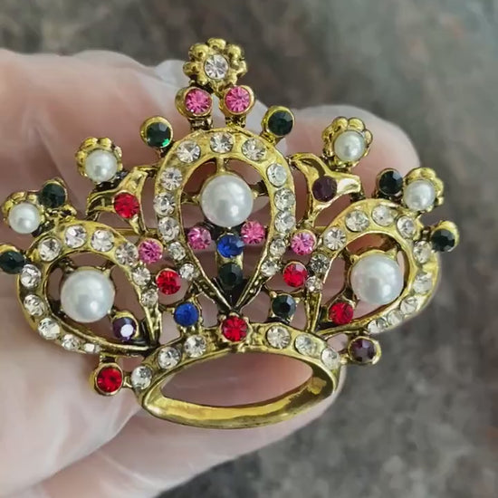 Vintage Rhinestone Crown Brooch Pin With Faux Seed  Pearl In Antique Gold Tone