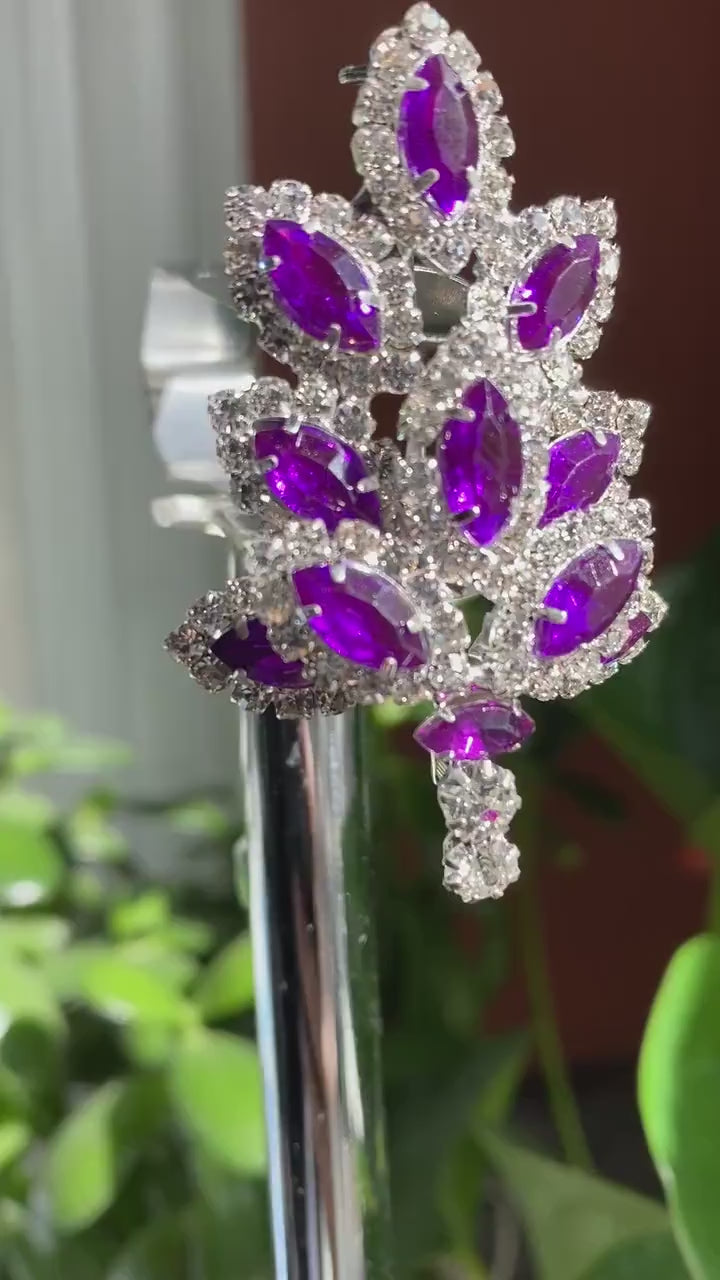 Dazzling Rhinestone Christmas Tree Brooch, Pin, Crystal Purple Xmas Tree, Costume Holiday Jewelry Gift