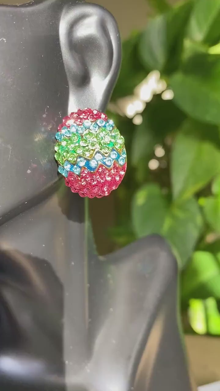Rhinestone Multi-Colors Easter Egg Brooch Pin and Post Earrings Set, Easter Holiday Costume Jewelry