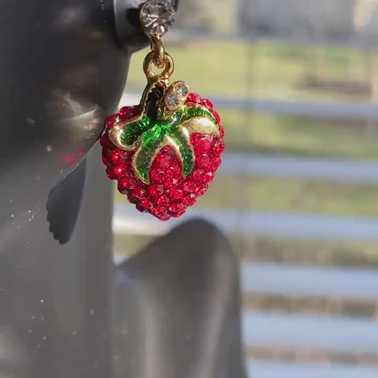 Rhinestone Strawberry Fruit Pin Brooch & Earrings Set, Red Ruby Crystal Strawberry Jewelry Set, Strawberry Festival Gift