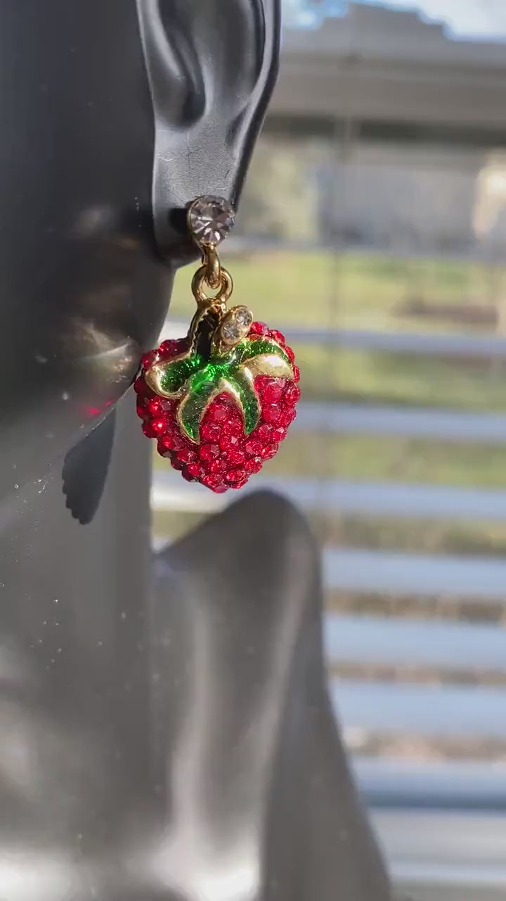 Rhinestone Strawberry Fruit Pin Brooch & Earrings Set, Red Ruby Crystal Strawberry Jewelry Set, Strawberry Festival Gift