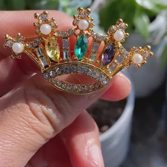 CROWN Pin Mardi Gras RHINESTONE Crystal Brooch, Crown Brooch with Peral Pin, Crystal Crown Brooch Jewelry