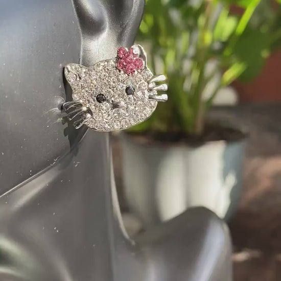 Silver Hello Kitty Rhinestone Brooch, Cat Pin with Pink Flower Kitty Bling, Crystal Hello Kitty Earrings