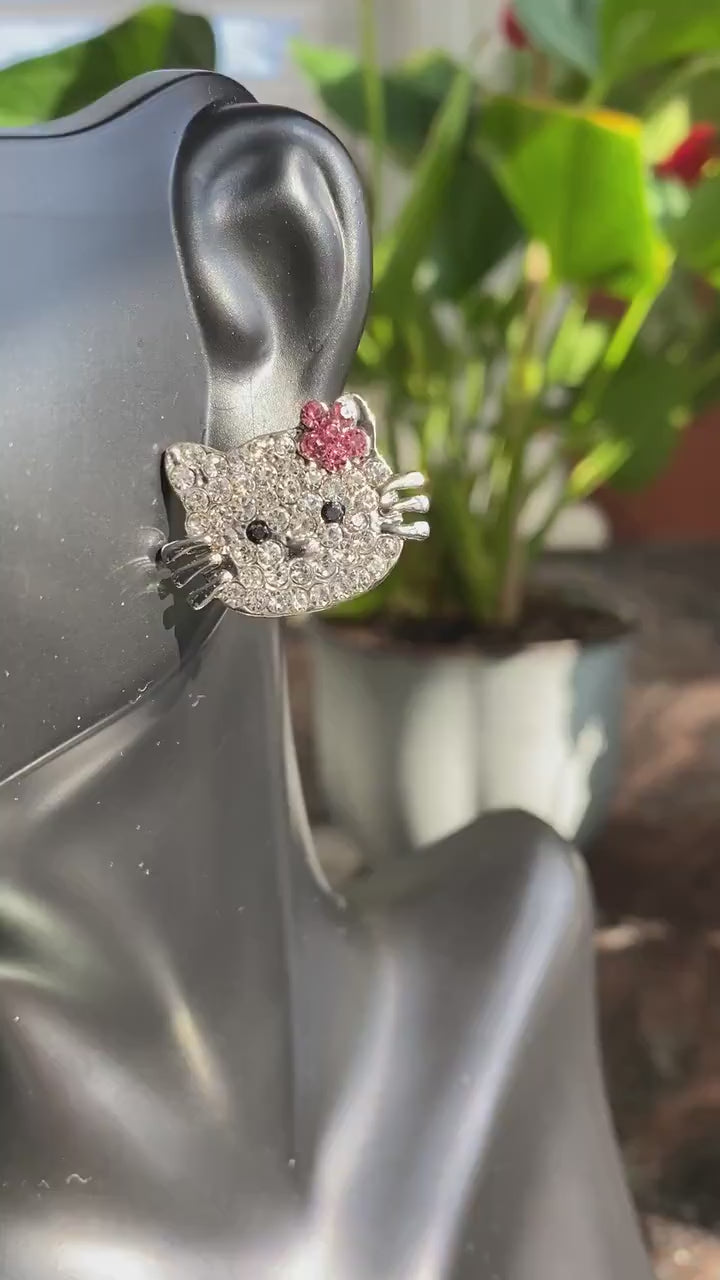 Silver Hello Kitty Rhinestone Brooch, Cat Pin with Pink Flower Kitty Bling, Crystal Hello Kitty Earrings