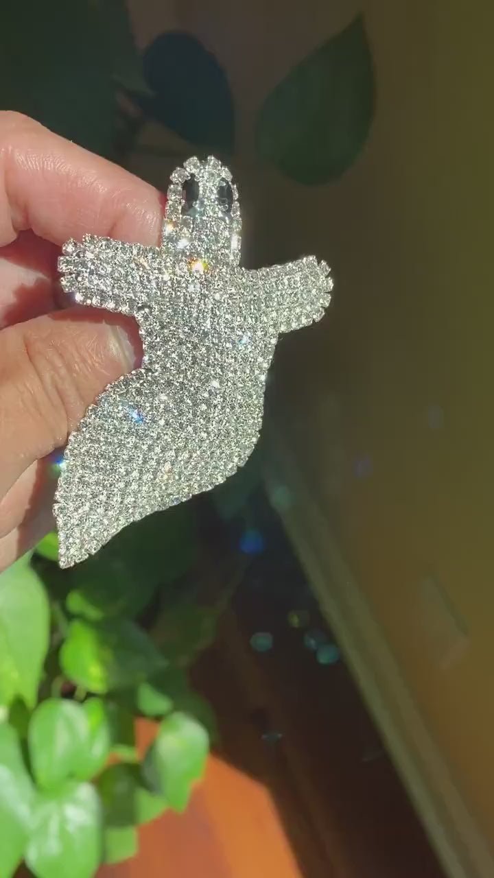 Vintage Jewelry Giant Adorable Rhinestone Spooky Flying Ghost Halloween Pin Brooch