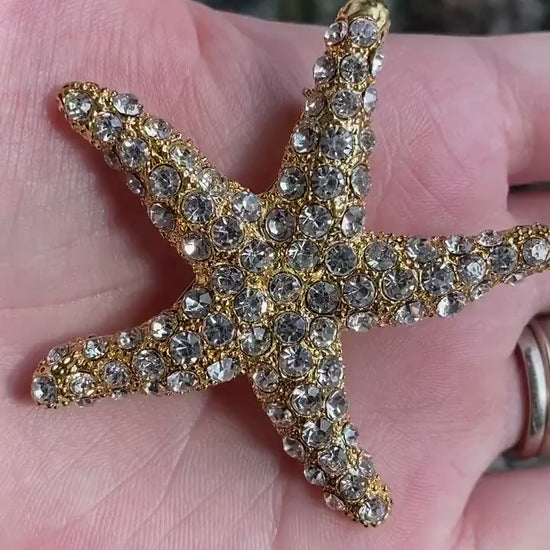 Rhinestone starfish brooch pin in gold-plate, Crystal Sea life Jewelry Gift, Rhinestone brooch for ocean beach bouquet