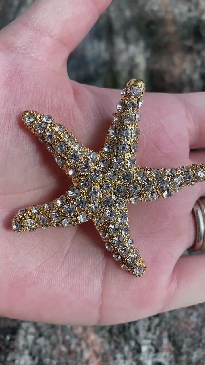 Rhinestone starfish brooch pin in gold-plate, Crystal Sea life Jewelry Gift, Rhinestone brooch for ocean beach bouquet