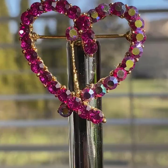 Rhinestone Pink Topaz Heart Brooch Pin, Crystal Valentine's day Heart Jewelry For Her