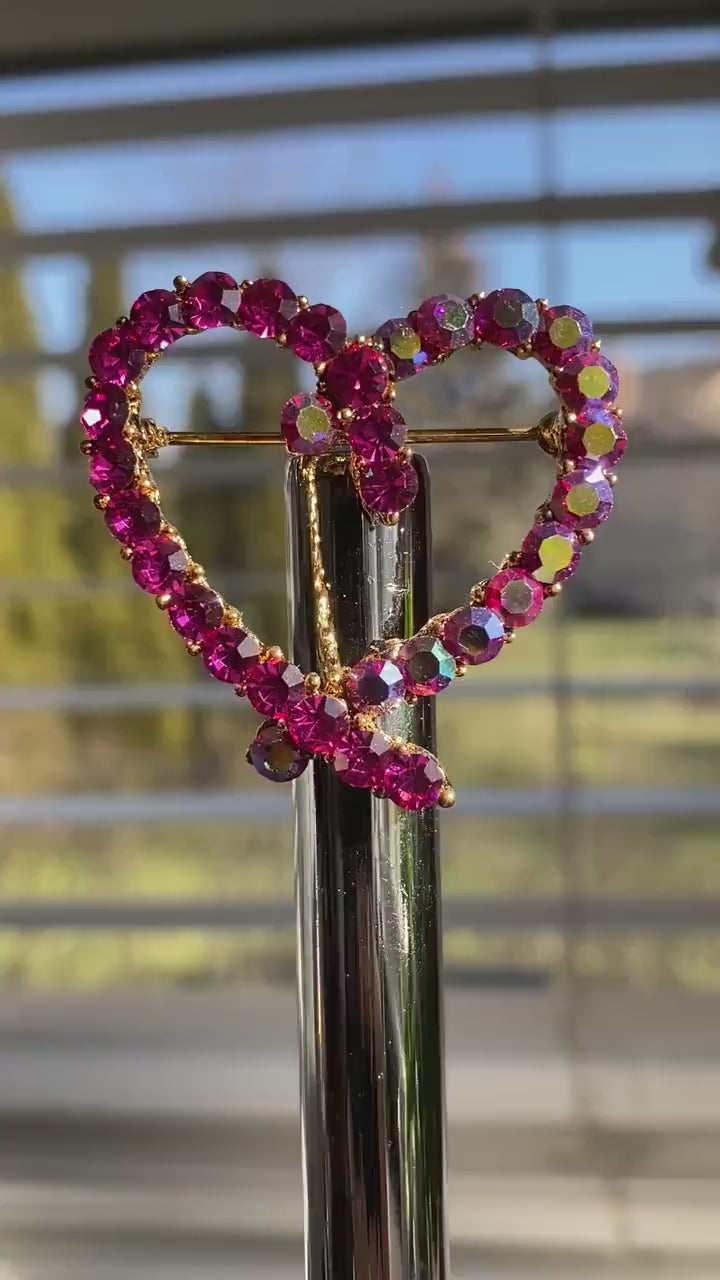 Rhinestone Pink Topaz Heart Brooch Pin, Crystal Valentine's day Heart Jewelry For Her