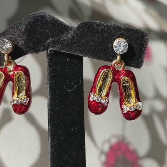 Rhinestone Ruby Slipper Red Enameled Post Earrings Ruby Red Slippers Crystal Sparkle Wizard Of Oz Style