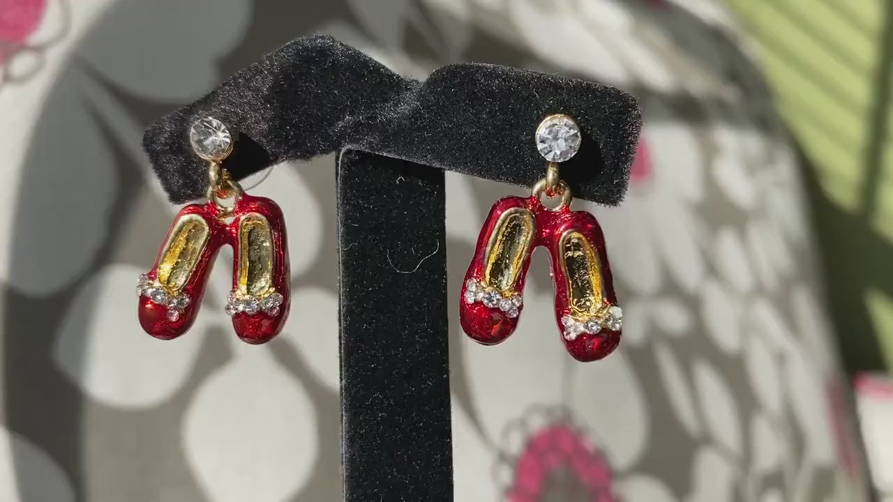 Rhinestone Ruby Slipper Red Enameled Post Earrings Ruby Red Slippers Crystal Sparkle Wizard Of Oz Style