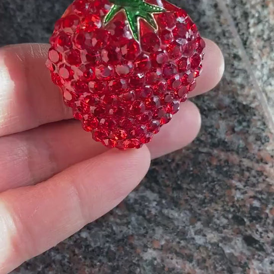 Enamel & Crystal Strawberry Brooch Pin and Pendant, Fruit Ruby Red Crystal Strawberry Brooch, Fruit Pin