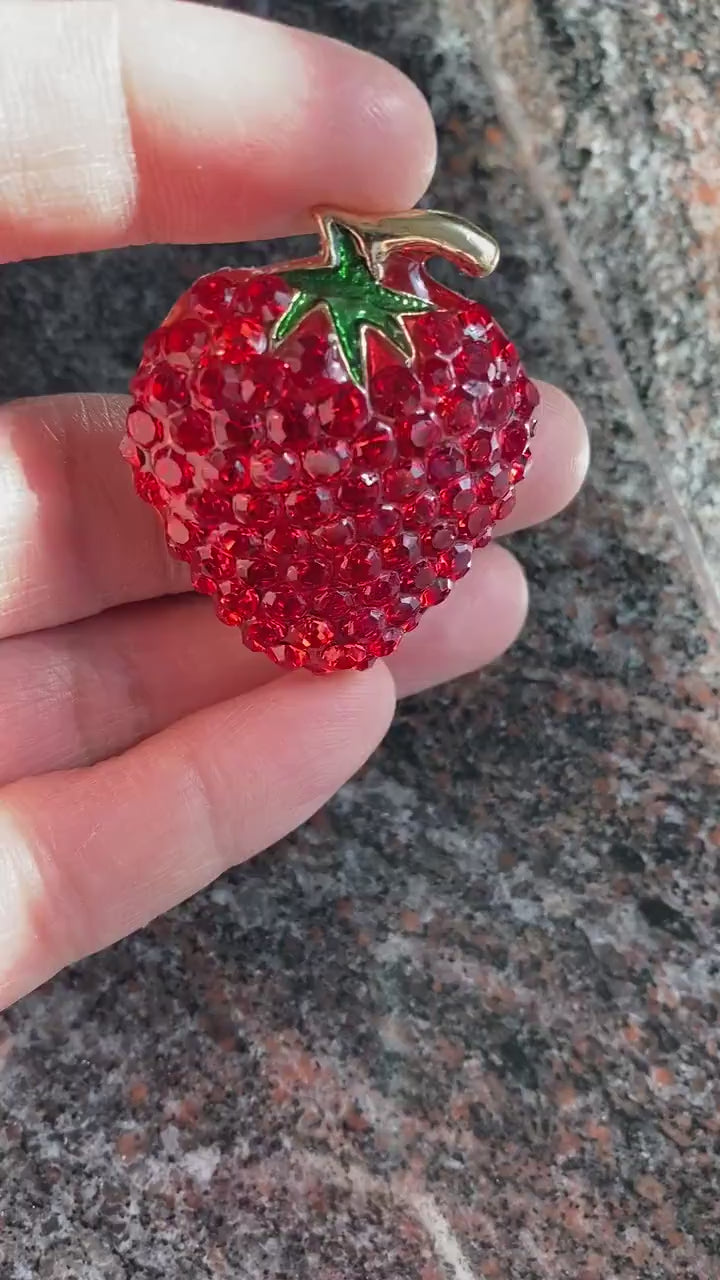 Enamel & Crystal Strawberry Brooch Pin and Pendant, Fruit Ruby Red Crystal Strawberry Brooch, Fruit Pin
