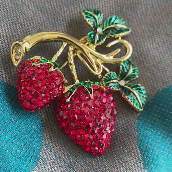 Enamel & Crystal Strawberry Brooch Pin and Pendant, Fruit Ruby Red Crystal Strawberry Brooch