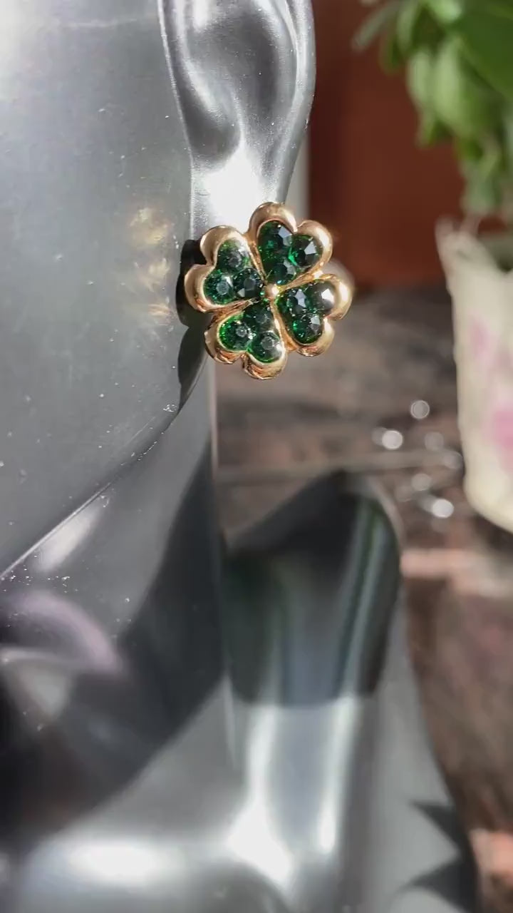 Gold Emerald Shamrock Pendant & Stud Earrings Set,  Irish St. Patrice's Day Shamrock Jewelry Gift, Four Leaf Clover Emerald