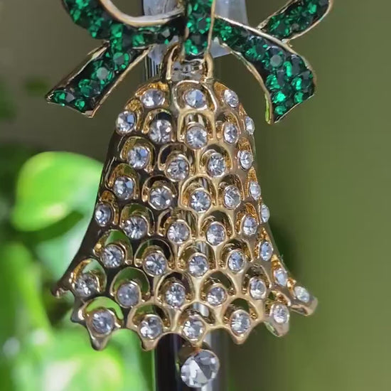 Vintage Rhinestone Christmas Bell Ribbon Pin Brooch, Gold-Plated Xmas Holiday Jewelry Gift