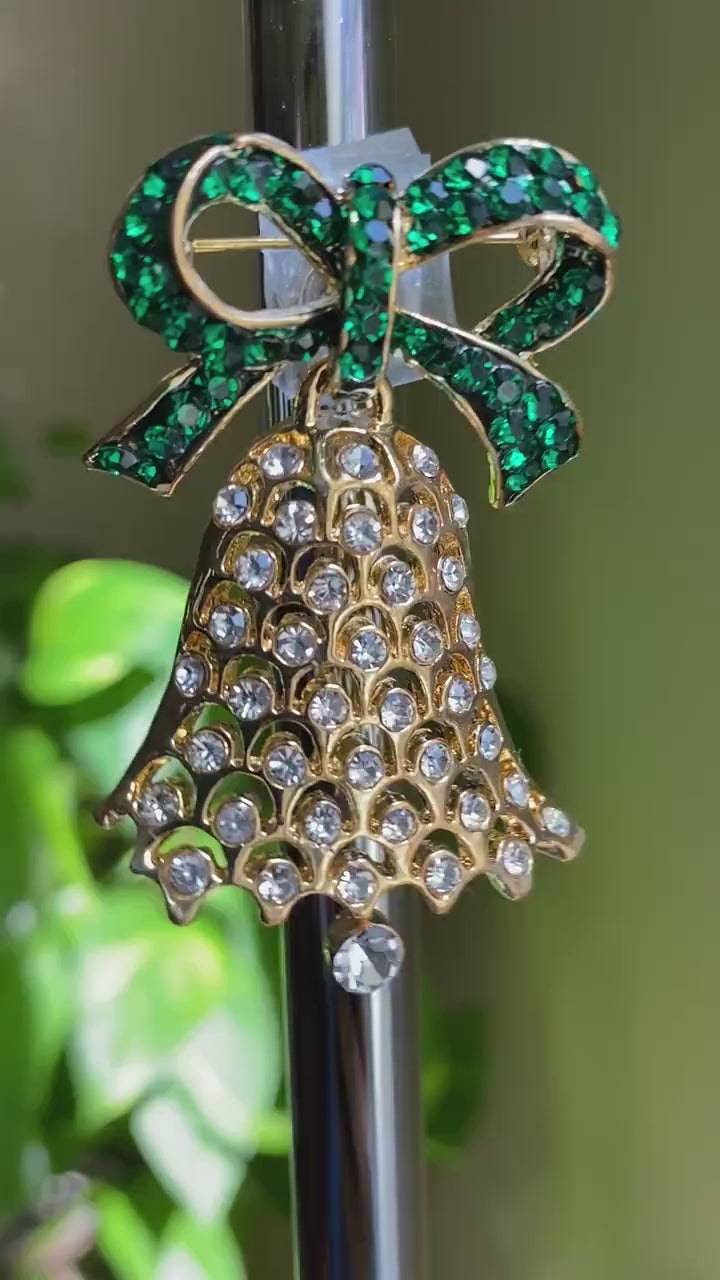 Vintage Rhinestone Christmas Bell Ribbon Pin Brooch, Gold-Plated Xmas Holiday Jewelry Gift