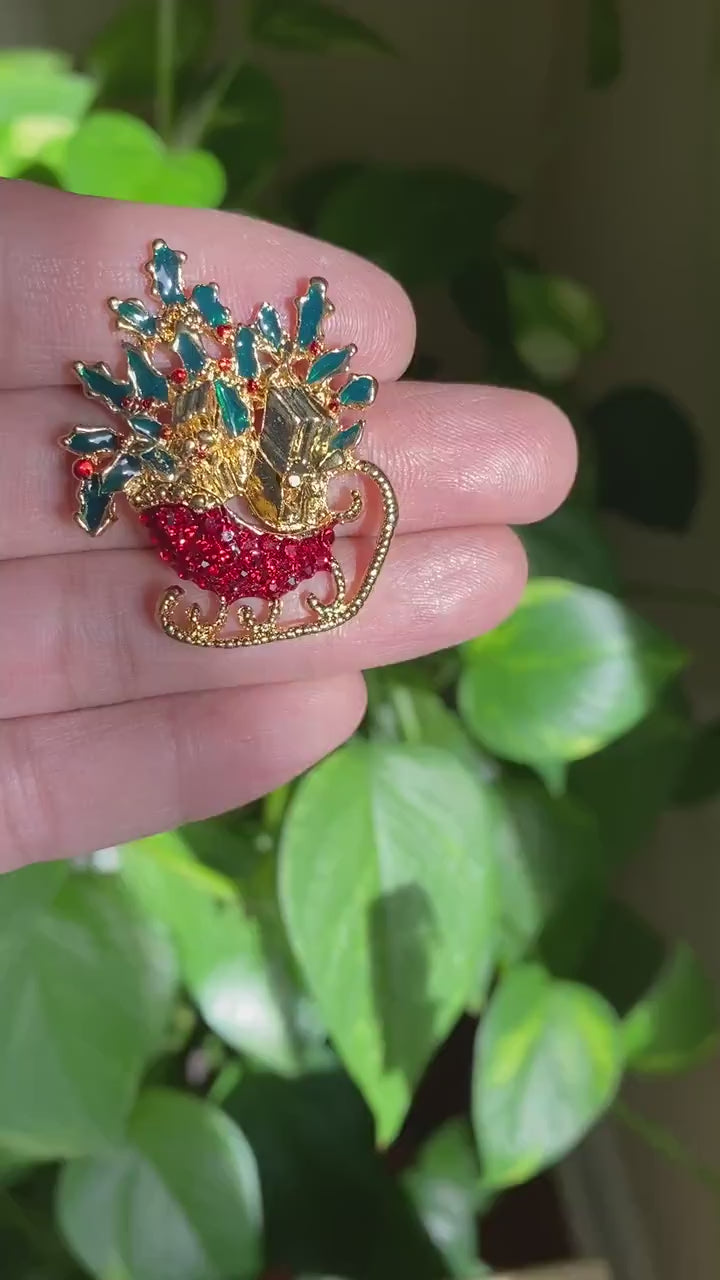Christmas Xmas Rhinestone Enamel Santa Sleigh Ride Sled Gifts Brooch Pin, Holiday Jewelry Gift