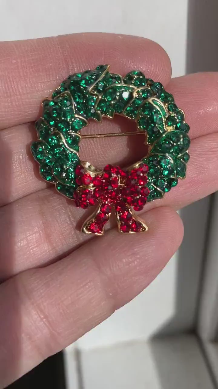 Vintage Rhinestone Christmas Wreath Brooch With Red Bow, Xmas Holiday Jewelry Gift, Wreath Pin