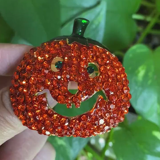 Large Rhinestone Halloween Pumpkin Brooch Pin, Fashion Costume Holiday Jewelry, Crystal Pumpkin Brooch Pin