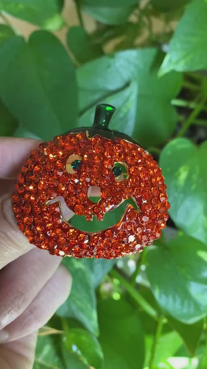 Large Rhinestone Halloween Pumpkin Brooch Pin, Fashion Costume Holiday Jewelry, Crystal Pumpkin Brooch Pin