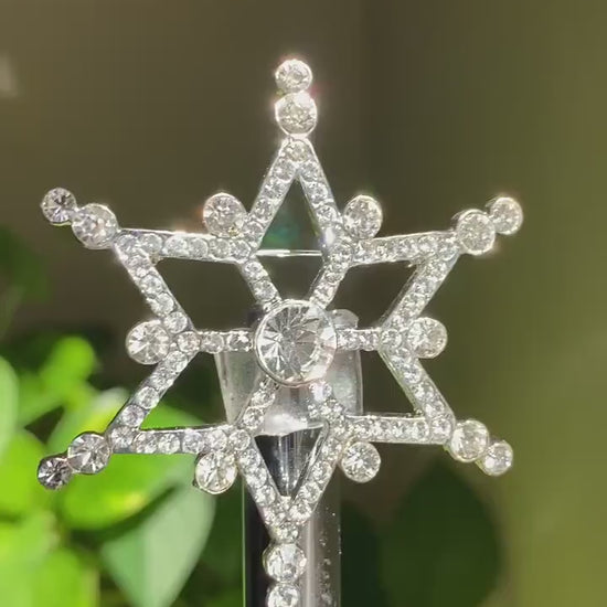 Rhinestone Christmas Silver-Plated Snowflake Star Brooch, Pin Winter Snow Xmas Jewelry, Holiday Jewelry Gift