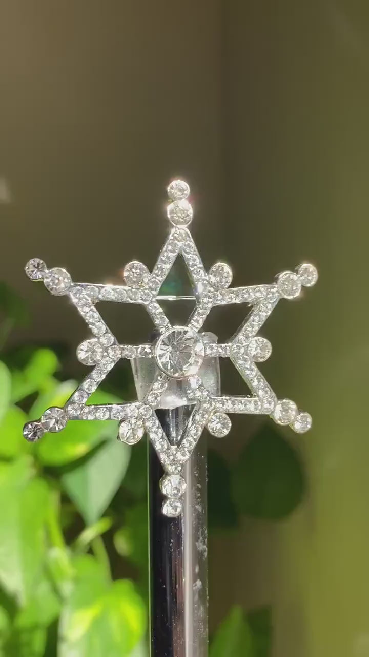 Rhinestone Christmas Silver-Plated Snowflake Star Brooch, Pin Winter Snow Xmas Jewelry, Holiday Jewelry Gift