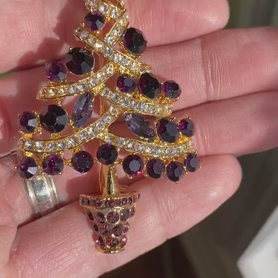 GORGEOUS PURPLE Rhinestone Christmas Tree Pin Brooch, Rich Holiday Xmas Tree Jewelry Gift