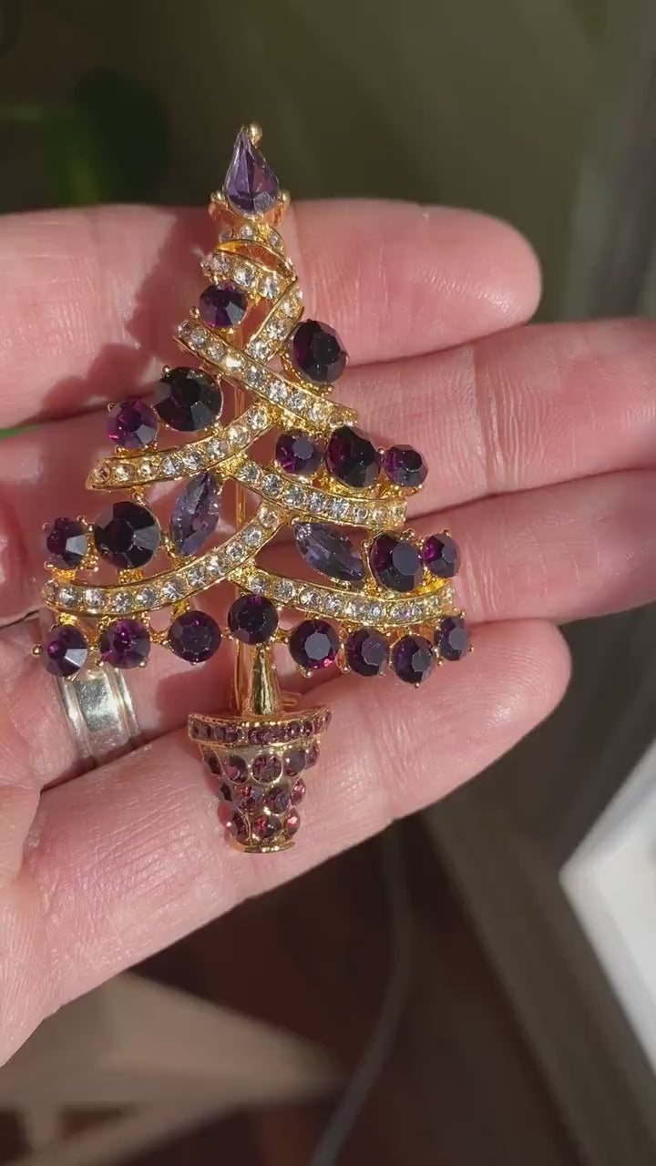 GORGEOUS PURPLE Rhinestone Christmas Tree Pin Brooch, Rich Holiday Xmas Tree Jewelry Gift