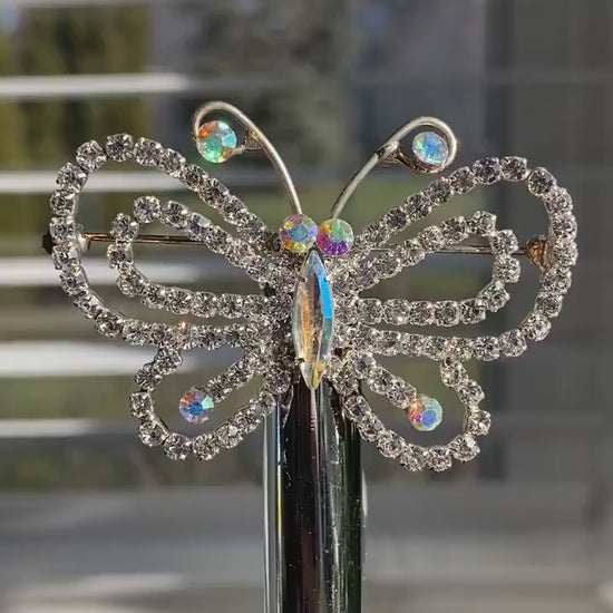 Silvery Tone Aurora Borealis Clear Crystal Rhinestone Hollow Out Butterfly Brooch Pin