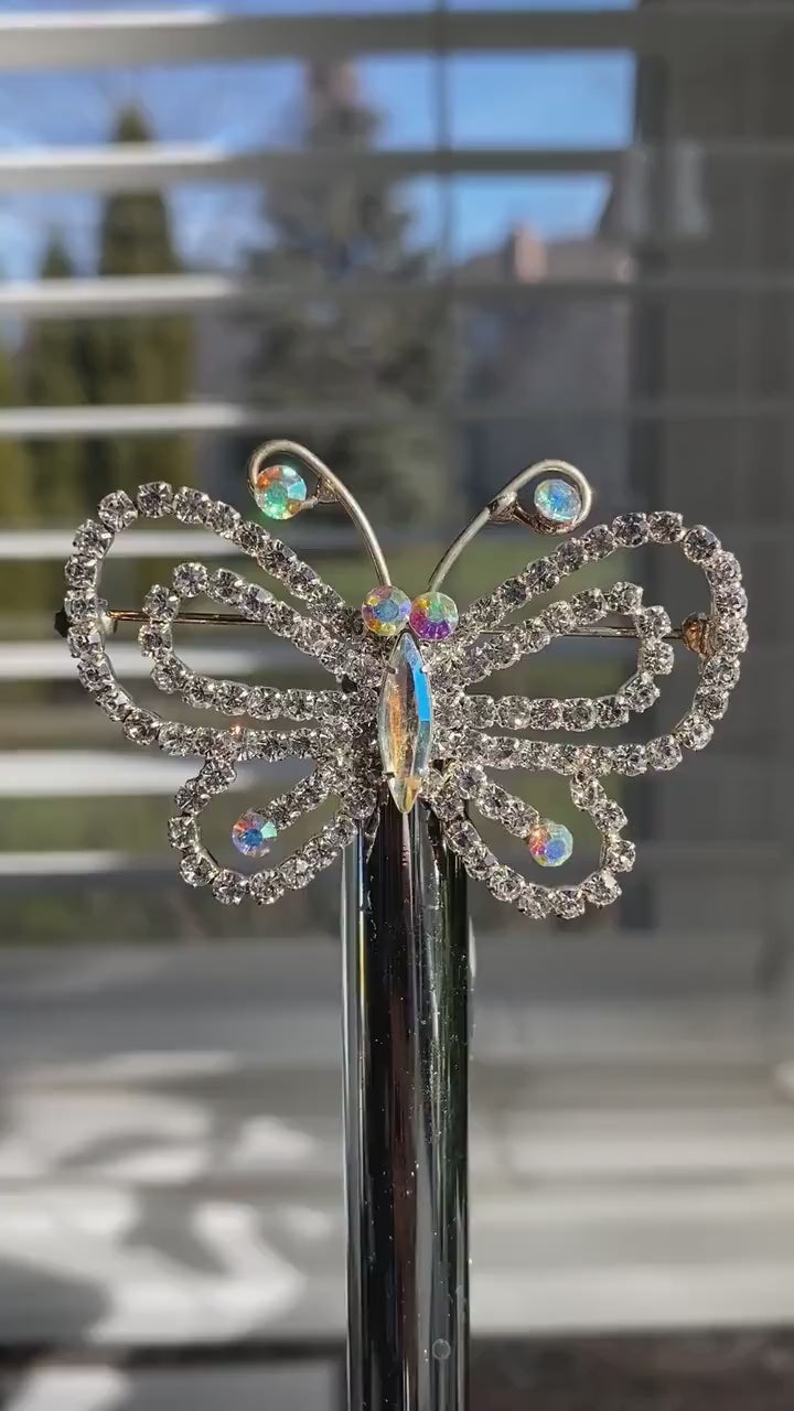 Silvery Tone Aurora Borealis Clear Crystal Rhinestone Hollow Out Butterfly Brooch Pin