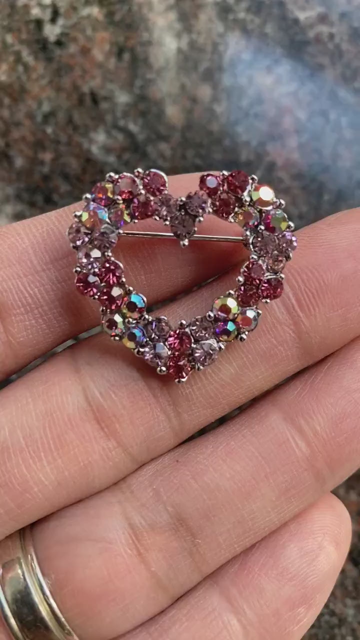 Multi-Color Rhinestone valentine's heart brooch pin, Pink Crystal