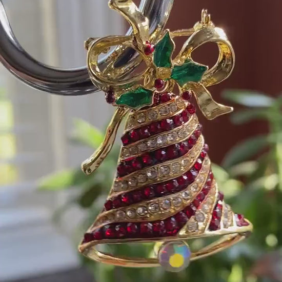 Vintage Dangling Heavily Mechanical Christmas Bell and Bow Pin, Rhinestone Xmas Bell Jewelry, Holiday Gift.