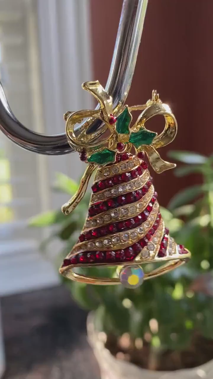 Vintage Dangling Heavily Mechanical Christmas Bell and Bow Pin, Rhinestone Xmas Bell Jewelry, Holiday Gift.