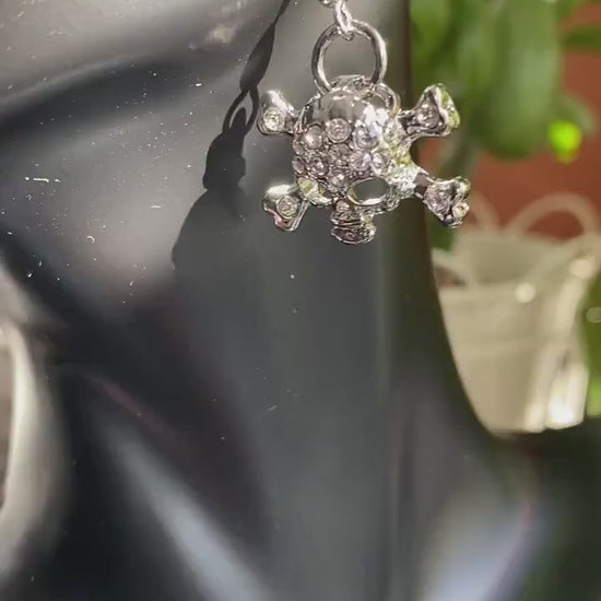 Vintage Rhinestone Antique Silver Skull & Crossbones Earrings for Pierced Ears Pirate Themed